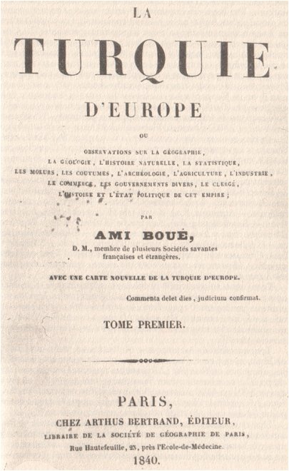 Заглавната страница на Т. I на книгата на Ами Буе „Европейска Турция”, Париж, 1840 г.
