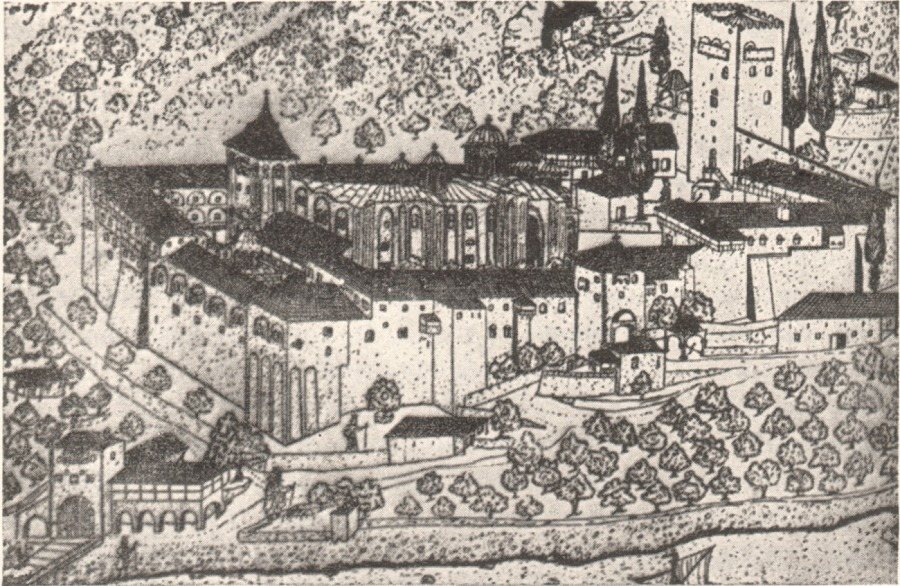 Fig. 55. The monastery of Docheiariou from a sketch of Barskij