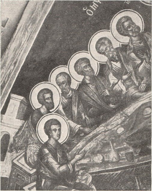 Fig. 61. Detail from the Last Supper in the refectory of Lavra, showing the Apostles seated on the left of Christ. An example of the Cretan School