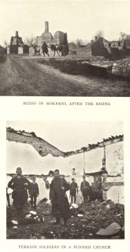 Ruins of Mokreni after the rising; Turkish soldiers in a burned church