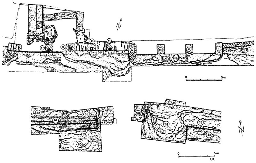 Сл. 141. „Кале”, Скопје, дел од јужниот ѕид со градежни делови од 10. до 14. век - Сл. 142. Истиот ѕид, јужна градска иорта со крилни ѕидови, доградувани и преправани од 14. до 18. век