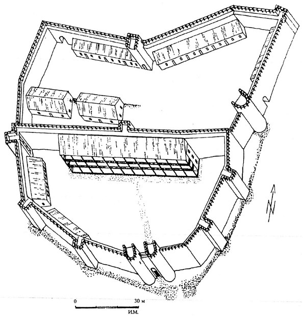 Сл. 95. „Горни Сарај”, Охрид, замок од доцниот 14. век. Пред него лежат остатоците од византискиот кастрон (5.—13. век); внатрешните градби се слободно реконструирани од авторот