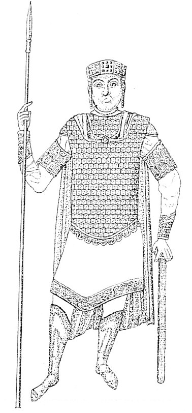 Сл. 9. Царот Василиј II вооружен како оклопен коњаник. Минијатура на цариградскиот псалтир од 1017 г.