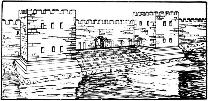 Пъкуйул луй Соаре, остров на Дунава (СР Румъния). Порта с пристанище на ранносредновековната крепост. Възстановка